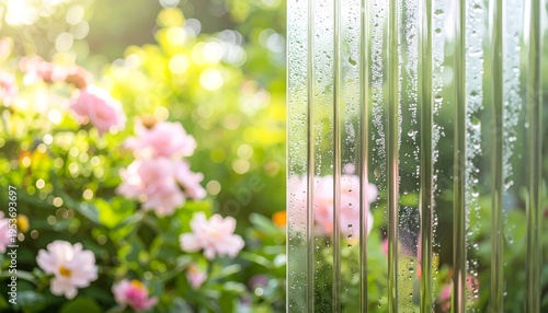 Vertical Fluted Glass Panel with Water Droplets Overlooking a Blurry Summer Garden with Pink Flowers, Elegant Interior Partition for Modern Architecture and Home Decor, Nature Background