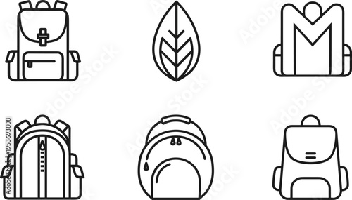 Vector collection of black minimalist backpack icons featuring school bags travel rucksacks camping gear and leaf symbols isolated on white background for educational and outdoor design