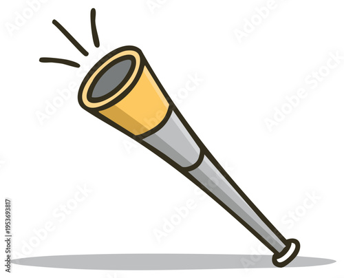 Hand-drawn cartoon spyglass telescope with emanating light beams and shadow