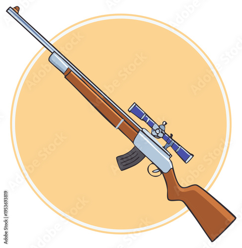 Illustrated hunting rifle with scope against a circular backdrop for game sport concept