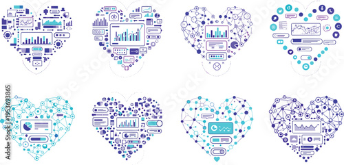 Data Analytics Heart Shape Set with Technology Icons, Big Data Visualization Concepts in Love Symbol Form for AI, Network, Dashboard and Digital Business Vector Design