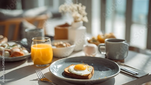 single egg on toast with orange juice and coffee