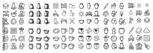 Pottery icons with vase bowl cup outline