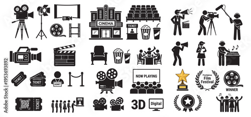 cinema and movie production icons set with camera projector audience tickets popcorn and film festival elements on transparent background