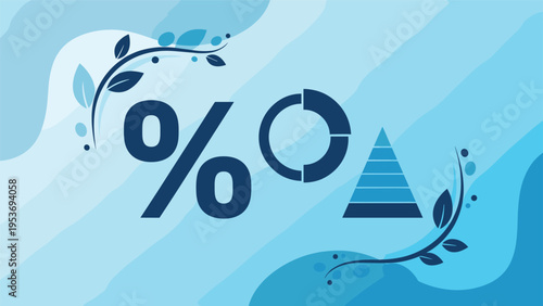 Financial statistics and data analysis concept showing a large percentage symbol alongside pie and pyramid charts on a blue background.