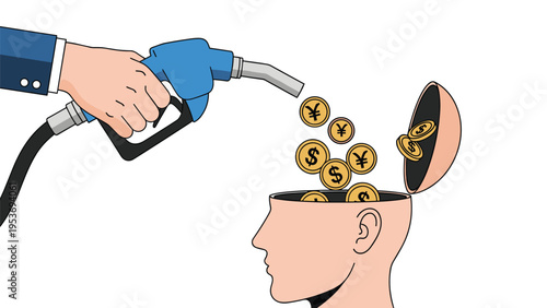 Cognitive investment and energy for the mind concept showing a gas pump nozzle pouring gold coins into an open human head.