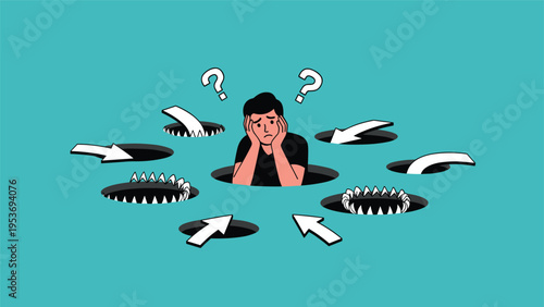 Life challenges and hidden risks concept showing a worried man in a hole surrounded by several other holes containing sharp animal traps.