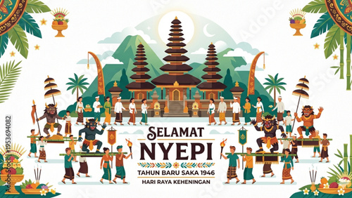 Selamat Hari Nyepi Illustration, Balinese Day of Silence Greeting with Pura Temple and People Festival