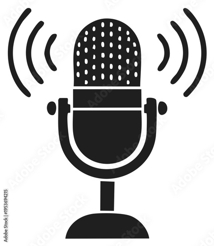 Vintage style microphone emitting sound waves for radio broadcasting and podcasting