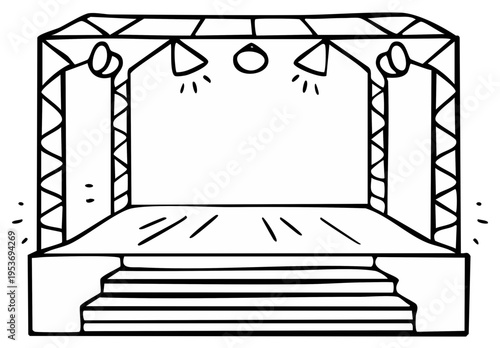 Cartoon Stage with Lights, Doodle Style Platform for Concerts and Performances, Minimalist Line Art