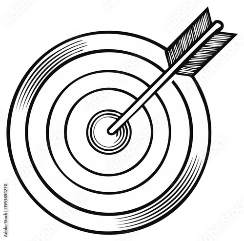 Arrow hitting center bullseye on target emblem hand drawn illustration