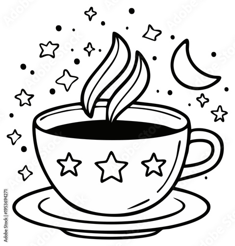 Whimsical Coffee Cup with Stars and Moon Illustration