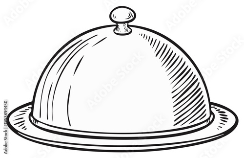 Hand drawn sketch illustration of a classic restaurant serving platter with a cloche dome cover