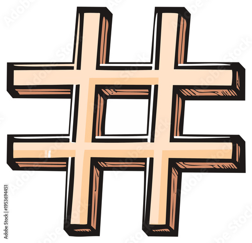 Cartoon Hashtag Symbol in Beige and Brown with Black Outline Hand Drawn Style