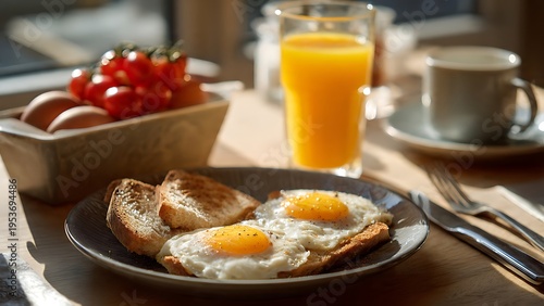 breakfast table with eggs and toast and orange juice