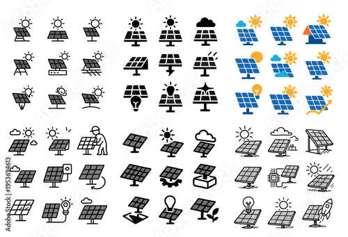 Solar power icons with solar panel installer flat