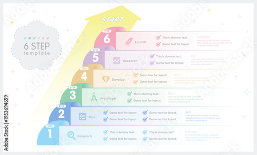 Cute pastel 6 step infographic template with arrow timeline, kawaii business process flow chart for presentation and UI design vector