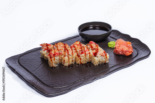 Creamy Sauce Drizzled Sushi Roll Highlighting Delicate Sesame Finish, Soy Dish Elegant Plating, Cozy