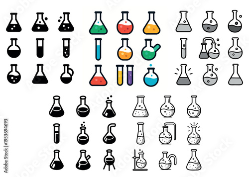 Science icons with flasks and test tubes outline