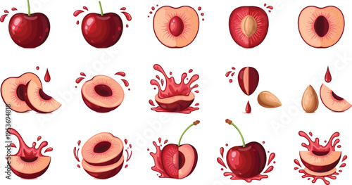 Peach Fruit Set with Whole, Sliced and Juice Splash Elements, Hand Drawn Vintage Engraving Style Illustrations for Food Packaging, Menu and Organic Product Design