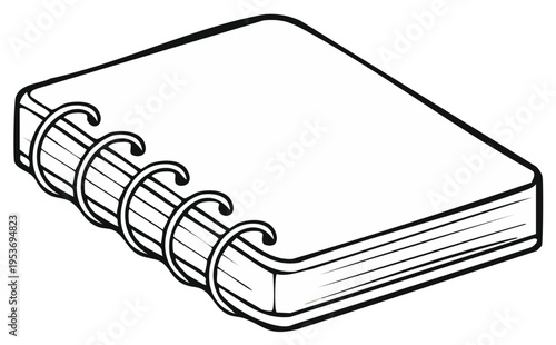 Isometric view of a sketchpad or notebook with spiral binding, isolated in outline