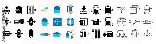 Water treatment icons with tank filter pipe flat