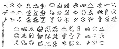 Winter line icons with skater skier mountain outline