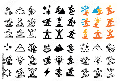 Alpine icons with skier snowboarder sun minimal