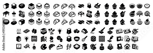 Bakery icons with loaf cake croissant minimal monochrome