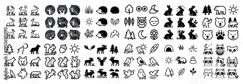 Forest icons with fox rabbit owl outline thin