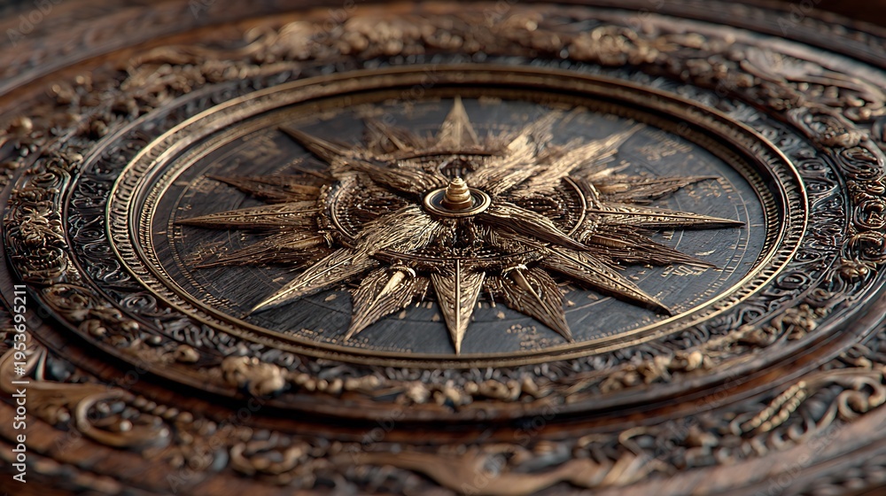 Fototapeta premium Detailed wooden compass rose engraving nautical navigation symbol walpapers
