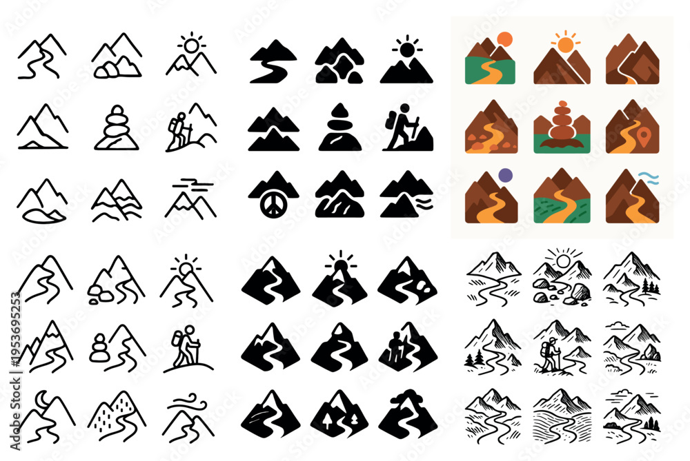 Fototapeta premium Outdoor icons with cairn and river colorful