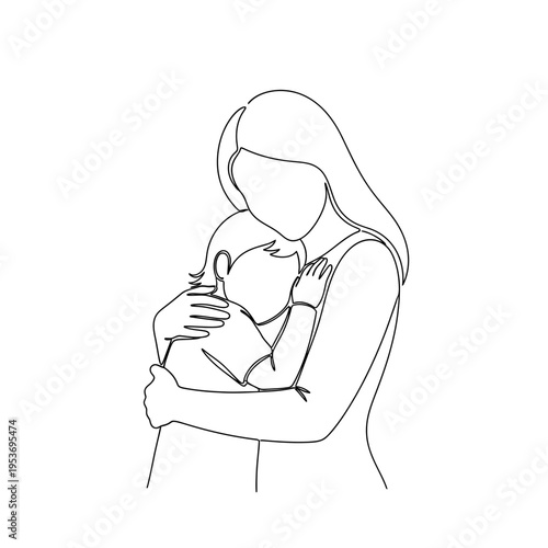 Mother holding baby line art simple illustration