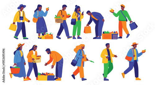 People shopping for groceries, collection of men and women with healthy food