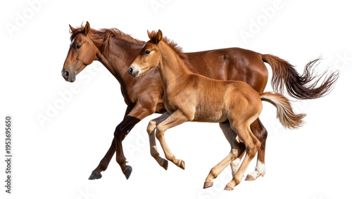 Foto Majestic chestnut mare and her young foal, captured in a powerful gallop, isolat
