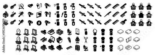 Barber icons with razor brush comb minimal