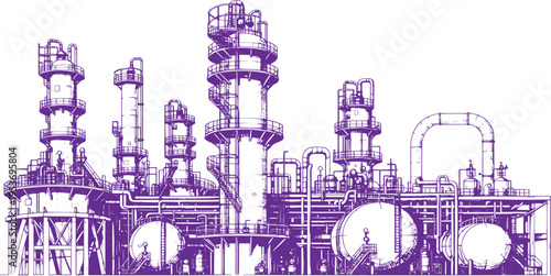 Natural Gas Processing Plant with Distillation Towers, Hand-Drawn Illustration