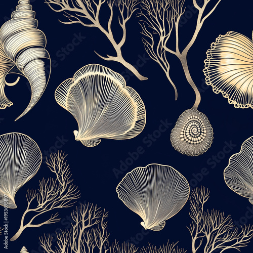 Seamless luxury line art pattern with golden seashells and sea corals.