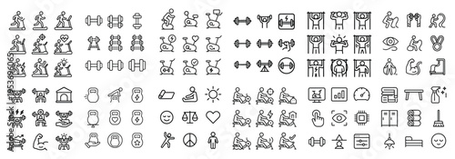 Fitness icons with treadmill dumbbell kettlebell minimal