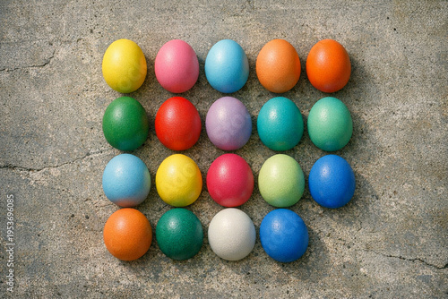 Minimalist Geometric Arrangement of Vibrant Easter Eggs on Concrete