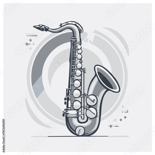 Stylized alto saxophone illustration with abstract background elements in monochrome design