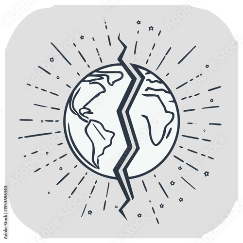 Stylized Cracked Earth Icon with Sunburst, Globe Dividing with Visible Interior Continents