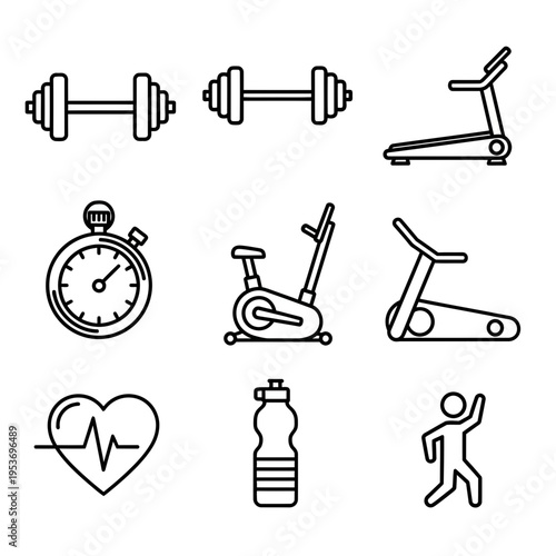 fitness icons, gym symbols, line style workout graphics