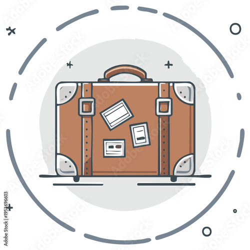 Vintage suitcase with travel stickers, brown luggage, travel bag, luggage, vacations, and retro style travel.