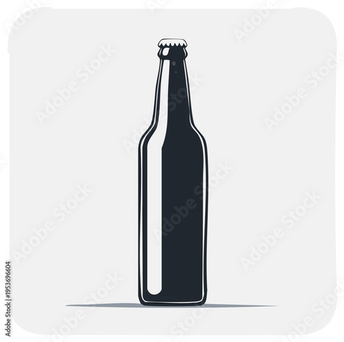 Minimalist monochrome beer bottle illustration with a metallic cap isolated on grey background