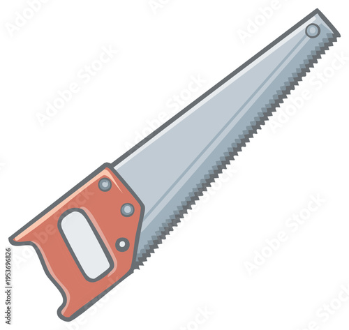 Illustration of a Hand Saw with a Red Handle and Silver Blade for Woodworking