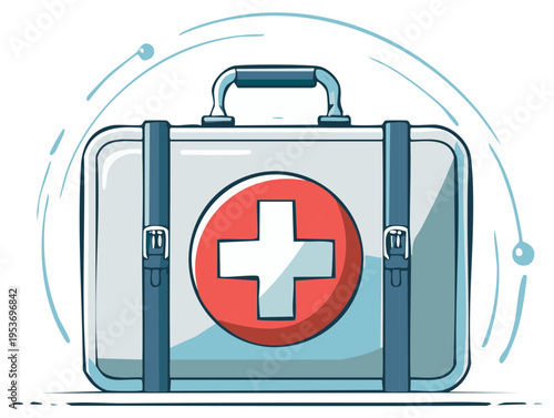 Cartoon illustration of a medical first aid kit with red cross.