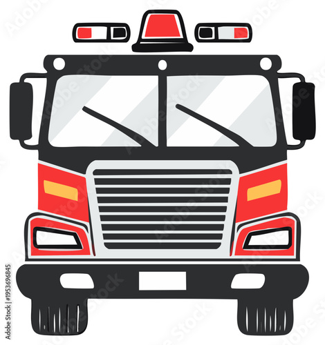 Illustration of a Front Facing Cartoon Fire Truck with Lights and Windshield Wipers