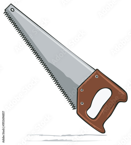 Illustration of a Hand Saw with Steel Blade and Wooden Handle for Woodworking and DIY Projects