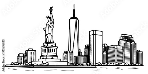 USA, US, U.S, United States - New York City skyline ultra minimalist svg black white thin line buildings flat vector clean silhouette
